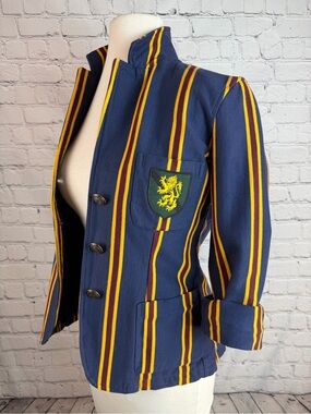 Rugby Ralph Lauren 2004 Crest Striped Knit Blazer Jacket Preppy Equestrian Sz S